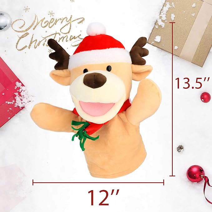 Hopearl Plush Christmas Elk Hand Puppet Reindeer with Open Movable Mouth for Imaginative Play, Role Play, Interactive Toy for Storytelling Teaching Puppet Theater, Gifts for Kids, Brown, 13.5''