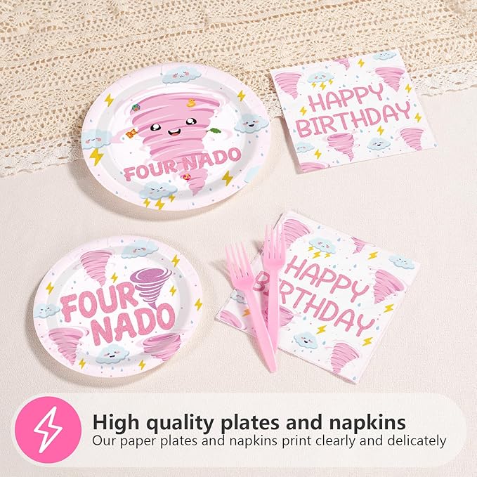 96 Pcs Fournado Birthday Party Decorations for Girl Pink Tornado 4th Birthday Plates and Napkins Tableware Set Four Nado Party Decor for Girls 4 Year Old Tornado Theme Baby Shower Supplies Serves 24