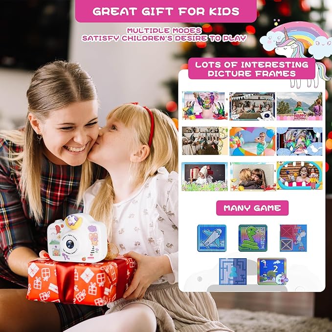 Kids Camera, Christmas Birthday Gifts for Children Age 3-8, HD Digital Video Cameras for Children, Portable Toy for 3 4 5 6 7 8 Year Old Kid with 32GB SD Card and Cute Children's Camera Bag (White)