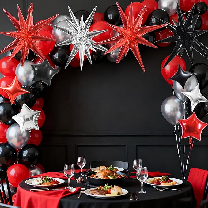 TONIFUL 22Inch 15Pcs Black Red Silver Explosion Star Mylar Balloons and 10Inch Four Pointed Star Balloons Set for Christmas New Year Birthday Wedding Bridal Shower Anniversary Photo Booth Supplies