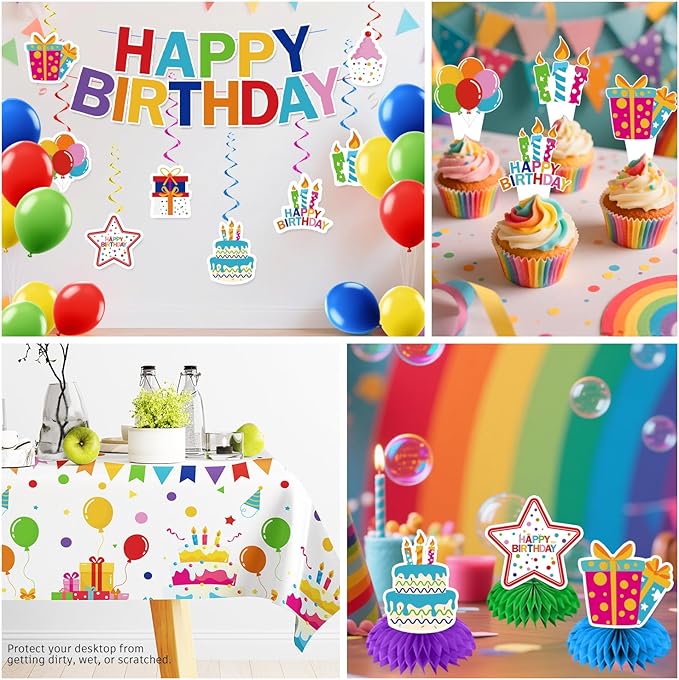 Xynic 214 PCS Colorful Happy Birthday Decorations, Colorful Dots Party Supplies With Banner, Cake Topper, Plates and Napkins, Happy Birthday Decorations for Boys and Girls, Serves 25 Guests