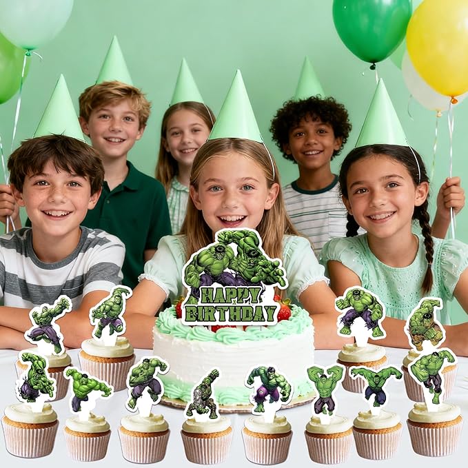 25Pcs For Hulk Birthday Party Supplies Pack Includes 1 Cake Topper 24 Cupcake Toppers for Hulk Party Supplies