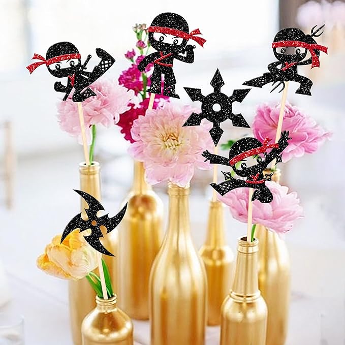 12 PCS Ninja Centerpiece Sticks Double Sided Darts Martial Arts Karate Kung Fu Warriors Table Flower Centerpieces for Ninja Theme Baby Shower Kids Birthday Party Flower Decorations Supplies
