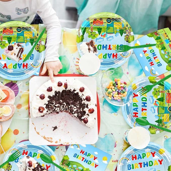 Avezano 168 PCS Train Birthday Party Supplies Includes Paper Plates, Cups, Napkins, Knives, Forks, Spoons for Chuagaa Train Birthday Party Decorations, Serves 24