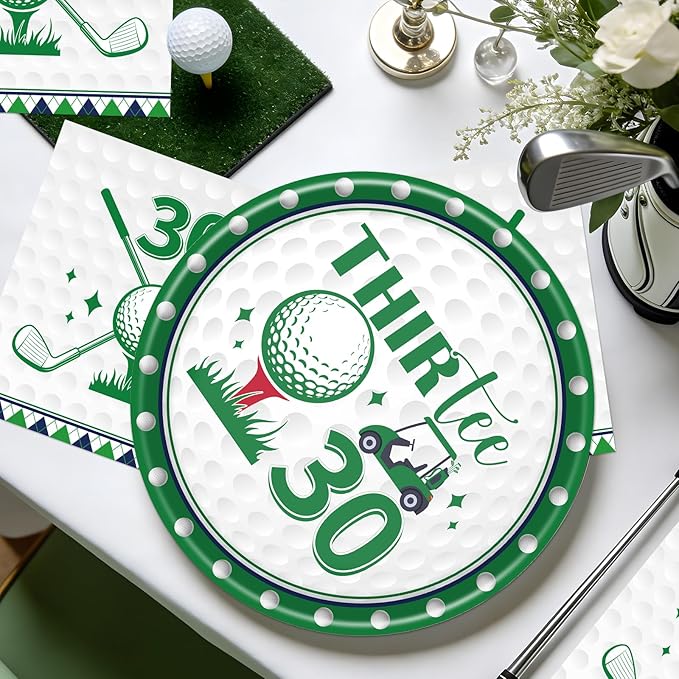 Rakuto Golf 30th Birthday Decorations - 50 Pcs Golf Thirtee Themed Party Plates and Napkins Set Decorations, Disposable Tableware Supplies for Men Women Sports Birthday Party Serves 25 Guests