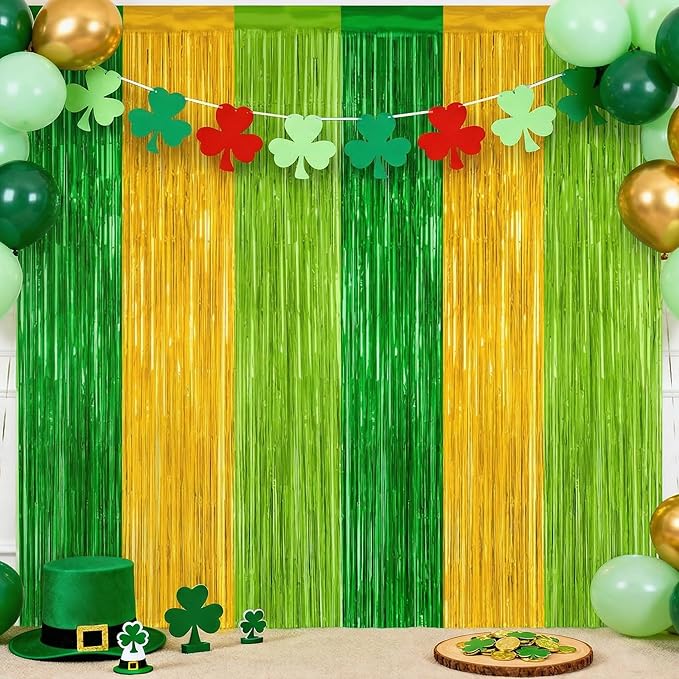 Green Gold Light Gold Fringe Curtain Party Streamers 2Pack 3.3 x 8.3 Ft Foil Fringe Backdrop Curtains for Birthday Wedding Bridal Holiday Tinsel Streamers Green Party Decorations Door Streamer