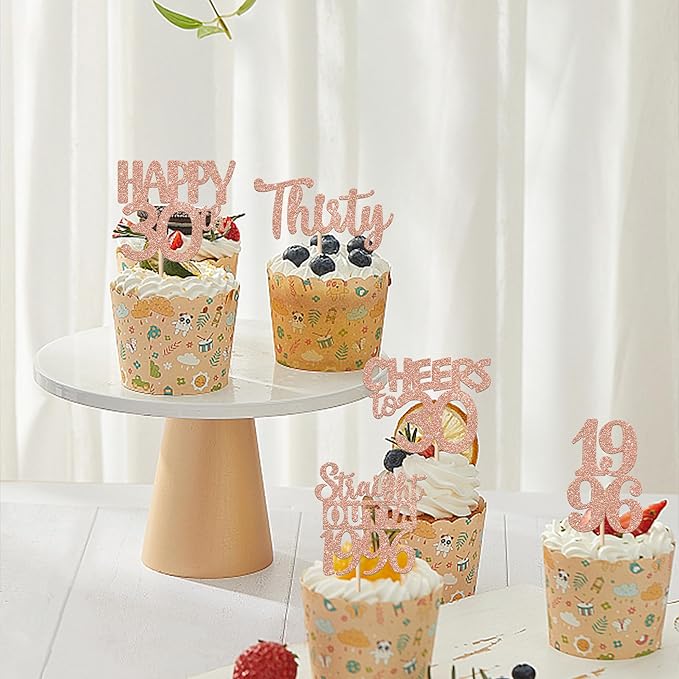 30PCS 30th Birthday Cupcake Toppers Glitter Thirty Happy 30 Straight Outta 1996 Cupcake Picks for Cheers to 30 Years 30th Birthday Wedding Anniversary Party Decoration Supplies Rose Gold