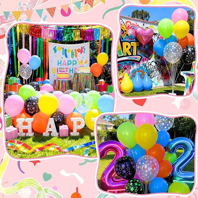 Neon Balloons, 50pcs 12 Inch Pink Orange Blue Yellow Lime Green Black Clear Star Print Rainbow Balloons Multicolor for Boy Girl Colorful Birthday Glow 80 90 Party Bright Baby Shower Summer Decorations