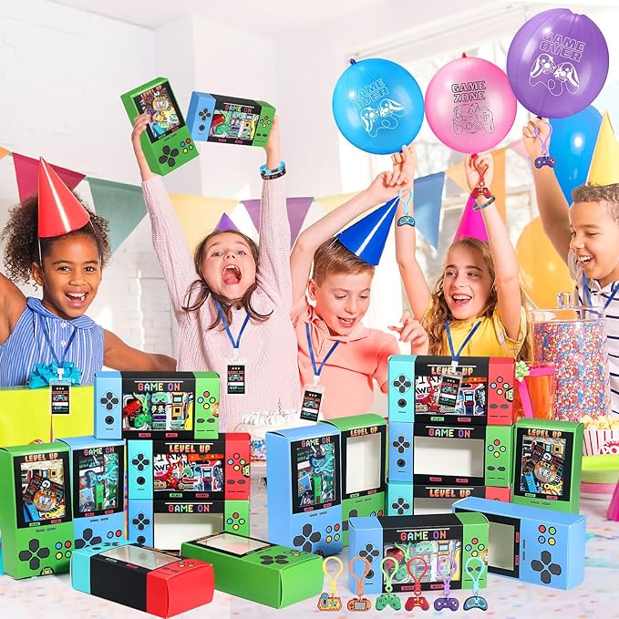 147 Pcs Video Game Party Favors for Kids Gamer Goodie Bag Stuffers Gaming Birthday Party Supplies with Gift Boxes, VIP Pass, Balloons, Bracelets, Keychains, Badges, 3D Stickers (Blue)