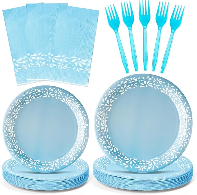 96Pcs Blue Platos De Barro Mexicanos Cielito Lindo Terracotta Clay Party Plates Supplies Tableware Decorations Disposable Paper Plates Napkins Forks for Birthday Baby Shower, Serves 24