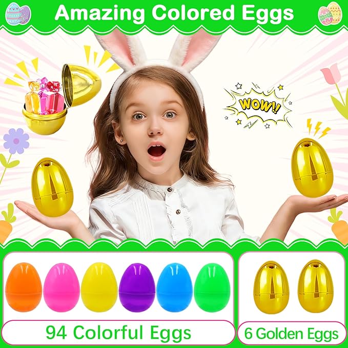 100 PCS 2.4" Plastic Easter Eggs with 6 Golden Eggs, Empty Fillable Bright Colorful Eggs for Kids Boys Girls Easter Hunt Classroom Prizes Basket Stuffers Easter Party Favors