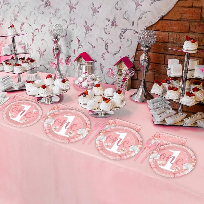 96 Pcs Girl 1st Party Supplies Pink One Year Old Paper Plates Baby Girl 1st Birthday Decoration Pink DisposableTableware Set Bridal Shower Birthday Party Paper Plate Napkin Fork 24 Guests