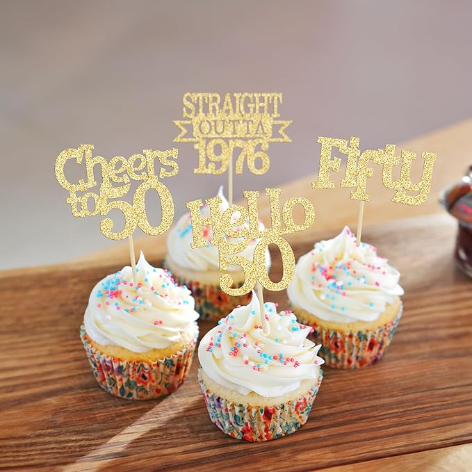 Ephlyn 24Pcs Happy 50th Birthday Cupcake Toppers Glitter Straight Outta 1976 Cupcake Picks Hello 50 Cheers to 50 Years Birthday Cake Decorations for 50th Birthday Anniversary Party Supplies Gold