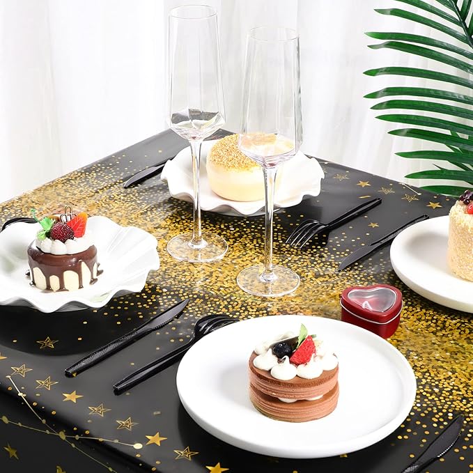 Tudomro 1 Pcs Happy Birthday Tablecloths Happy Birthday Party Decorations Plastic Table Cover Rectangular Cloths for Women Men Baby Shower Party Supplies, 108 x 54 Inch (Black Gold)