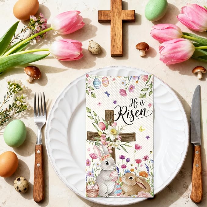 100Pcs He Is Risen Easter Napkins - Watercolor Bunny Rabbit Flower Egg Party Napkins Spring Floral Theme Party Supplies Disposable Luncheon Dinner Napkins 7.8" x4.3" for Tea Party Kitchen