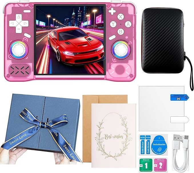 Upgraded XF40H Handheld Game Console,Retro Gaming Console Preloaded with Classic Games,4.0 Inch 4K HD IPS Screen,Portable Pocket Video Gaming with Valentine's Card & Premium Gift Box (128Gb Pink)