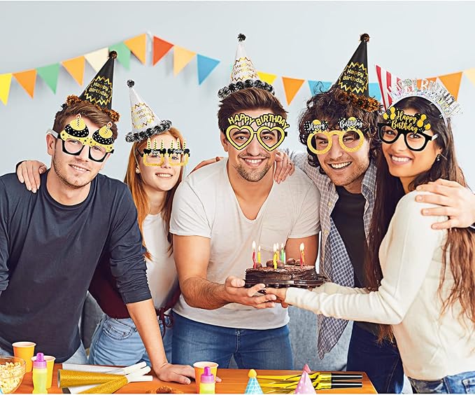 Sratte 36 Pcs Black Gold Style Birthday Party Favors Set Happy Birthday Hat Headband Glasses Noise Makers Party Horns