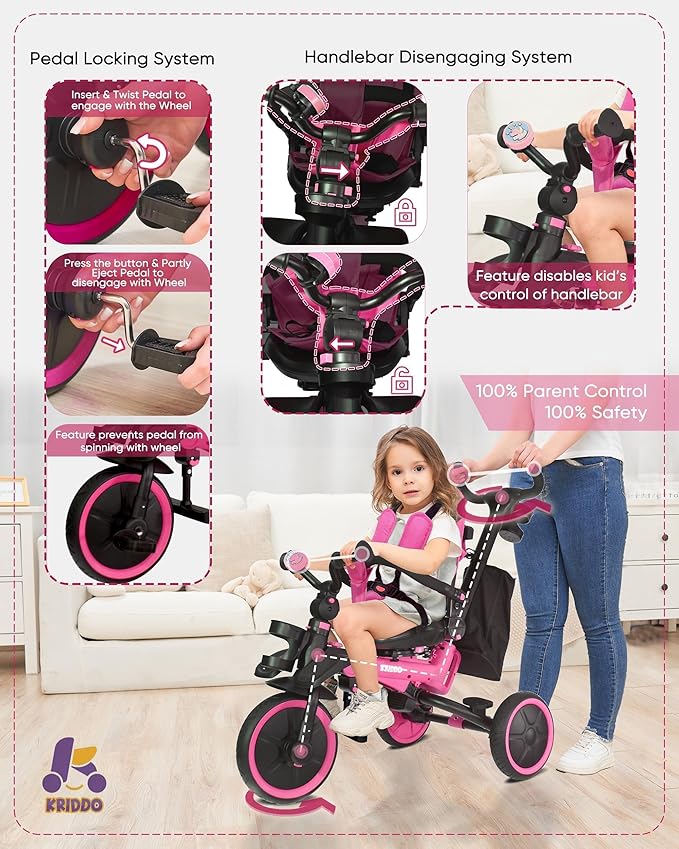 KRIDDO 8-in-1 Foldable Tricycle Stroller for Toddlers 18 Months to 5 Years, 5-Point Seatbelt, 1-Step Brake Pedal, Extended Canopy, Triple Footrest, Safety Rearview Window, Detachable Guardrail, Pink