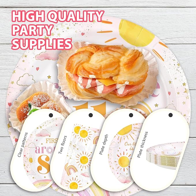96Pcs First Trip Around The Sun Birthday Decorations for Girls Boho Sun 1st Birthday Plates and Napkins Sets Bohemian Sunshine Party Decorations for Baby Shower One Year Old Party Supplies Serves 24