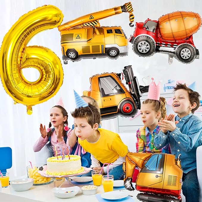 Construction Birthday Party Supplies 6 Year Old, Large Construction Balloons 40Inch Gold Number 6 Balloons Construction Truck Foil Balloons for Boys 6th Construction Birthday Party Decorations