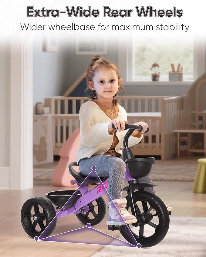 Toddler Tricycle for 1.5 to 5 Years, Tricycle for Ages 2-4 Years, Extra-Wide Rear Wheelbase for Stability, Trikes for Kids 1-3 with Dual Storage Baskets, Easy to Carry Seat, Purple