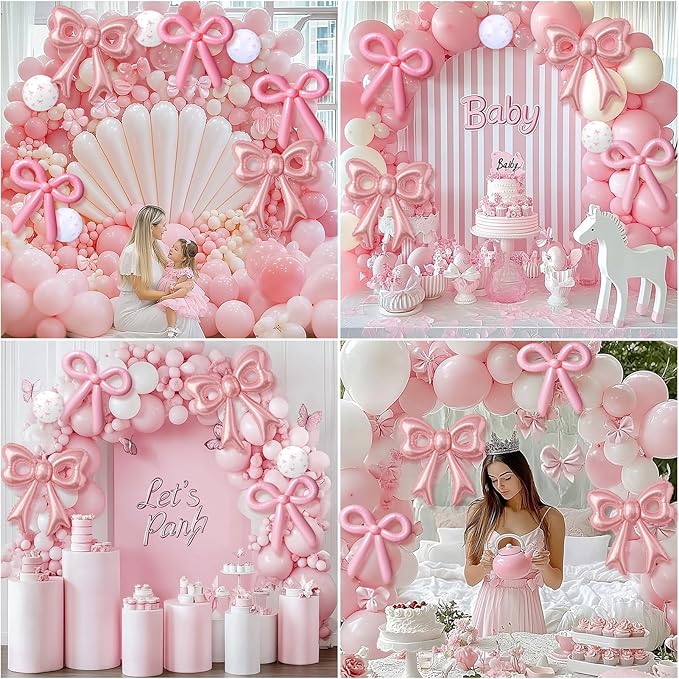 88Pcs Pink Bow Confetti Balloons, Huge Pink Bow Aluminum Foil Balloons Helium Latex Balloon for Birthday Baby Shower Wedding Engagement Bridal Bachelorette Princess Coquette Party Decorations Supplies