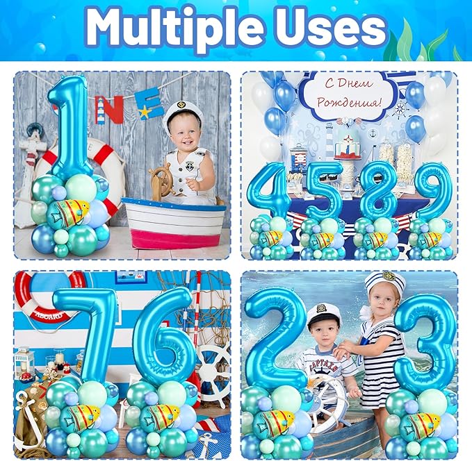 Blue Number 3 Balloon 40 Inch Ocean Under the Sea Number Three Foil Balloons Tower with Shark Bubble Fish for Boys Third 3rd Birthday Party Decor Green Underwater Digital Aluminum Balloons Stack