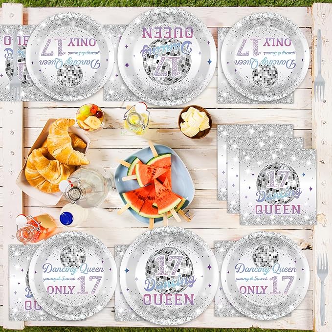 CHUNNIN 96Pcs Dancing Queen Plates and Napkins for 17 Birthday Party Decorations for Girls Silver 17 Year Old Dessert Plates Dancing Queen Tableware Set for 24 Guests 17 Birthday Party Supplies