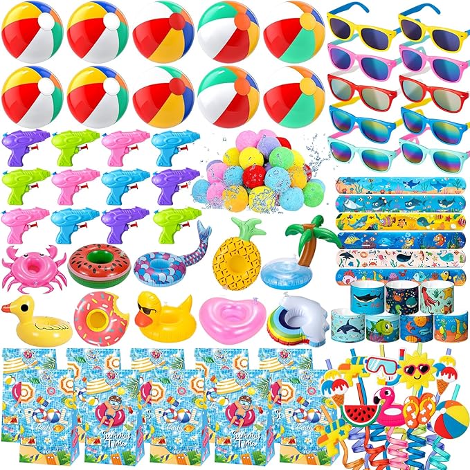 Pool Party Favors, 85 PCS Beach Party Favors Party Bag Stuffers for Kids, and More for summer party favors, luau party favors, Birthday Party Supplies