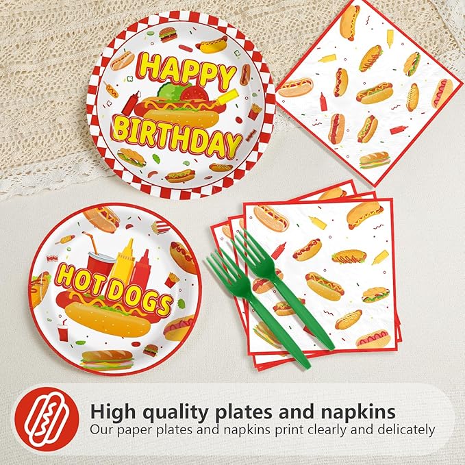 Grencian 96Pcs Hot Dog Birthday Party Supplies Fast Food Party Plates and Napkins Disposable Hotdog Birthday Decorations Tableware Set for Adults Kids Picnic Baby Shower Sausage BBQ Serves 24