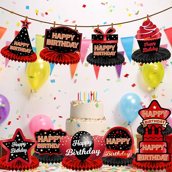 Happy Birthday Red and Black Table Honeycomb Centerpieces Balloons Theme Decor Table Decorations Table Toppers for Women Princess Birthday Party Bday Supplies Background Gold