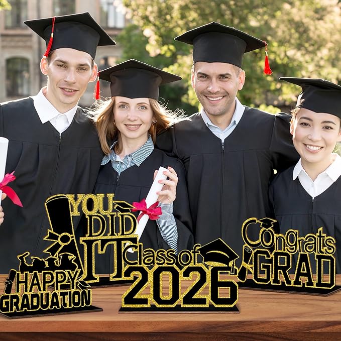 4 Pcs KSKSPE Graduation Decorations Party Supplies Table Centerpieces,Graduation Theme Design and Sturdy Wooden for Graduation Party Favors Decorations,Black