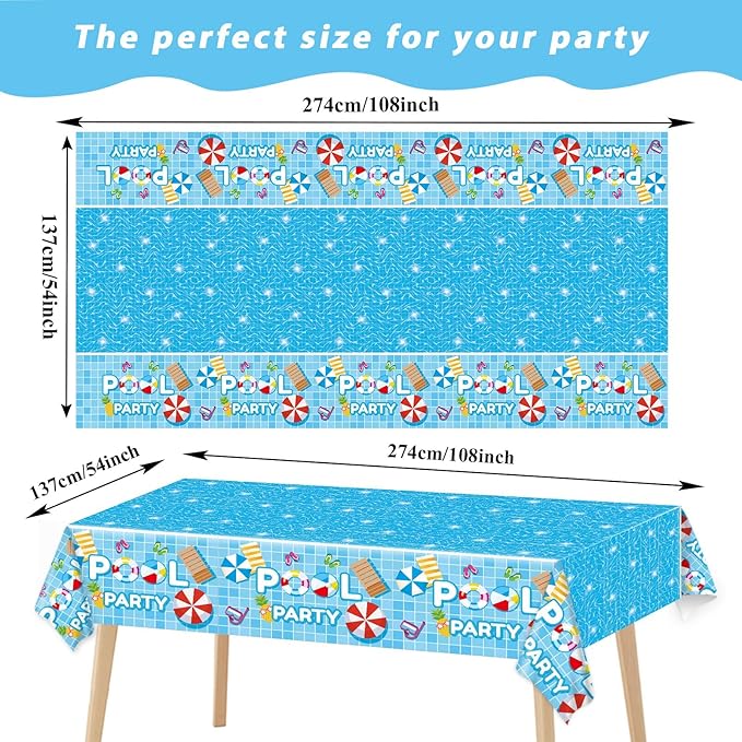 3 Pieces Pool Tablecloths for Summer Beach Decorations - Plastic Disposable Surfboard Table Covers for Rectangle Tables - Hawaiian Birthday Baby Shower Party Supplies Favors