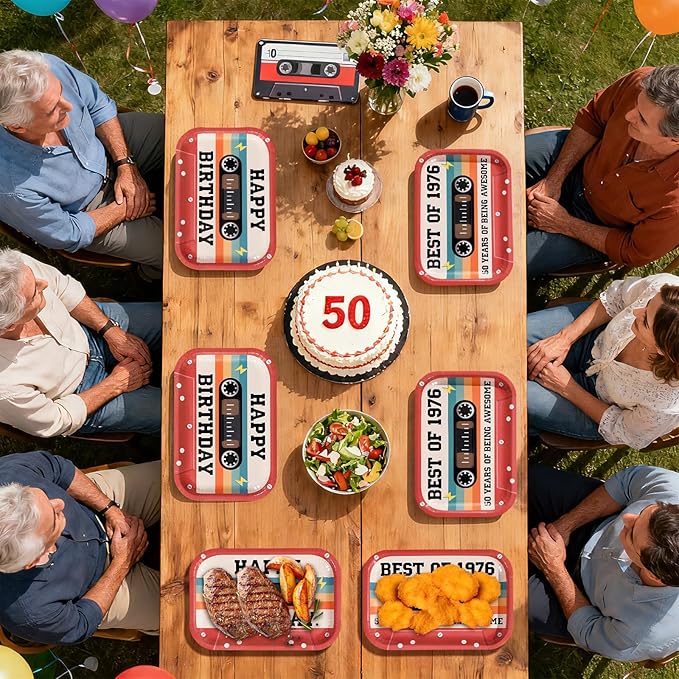 50th Birthday Decorations 96Pcs 50th Birthday Plates and Napkins Retro 70s Party Cassette Tape Disposable Tableware for 50 Year Old Women Men Retro Music Hip Hop Party Decorations