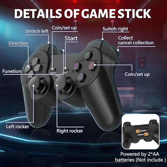20000+ Games Retro Wireless Game Stick - Retro Game Console with 40 Emulators , 4K HD Output System, Plug and Play Video Game Consoles with 64GB TF Card, 2.4G Wireless Controllers