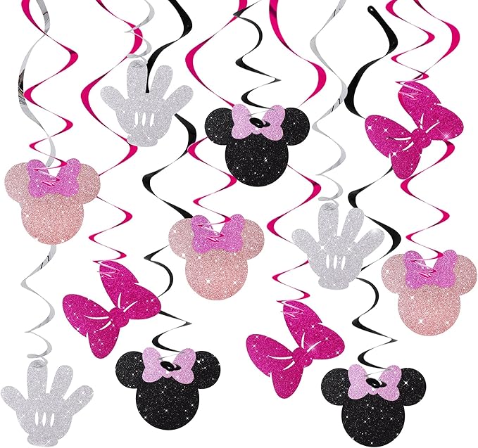 BEISHIDA 16 Pcs Mouse Hanging Swirl Decorations, Pre-Strung Mouse Birthday Party Decorations Pink and Black Mouse Theme Party Supplies for Kids