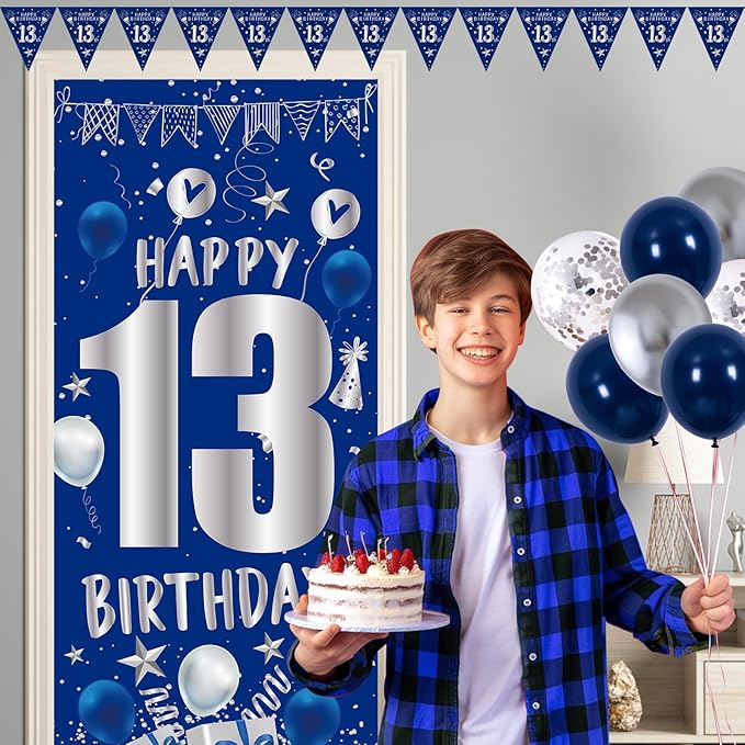 13th Birthday Decorations for Boys Girls, Blue Silver 13th Birthday Decorations Backdrop with Happy 13th Birthday Banner, Number 13 Hanging Swirls, Triangle Flag, 13 Years Old Birthday Party Supplies