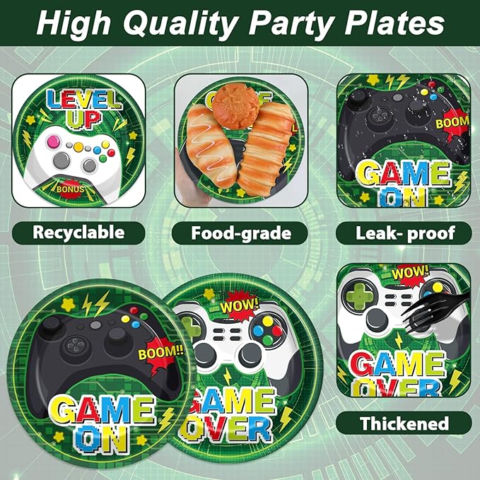 48PCS Video Game Party Paper Plates for Video Game Birthday Themed Party Supplies 7" Boys Gamer kids Disposable Plates Green Gaming Controller Dessert Level Up Plate for Baby Shower Favors Decorations