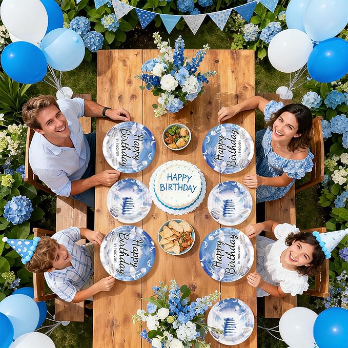 96 Pcs Happy Birthday in Heaven Party Supplies Funeral Remembrance Plates and Napkins Disposable Funeral Memorial Tableware Set for Condolence Birthday Anniversary Party Decorations Serves 24