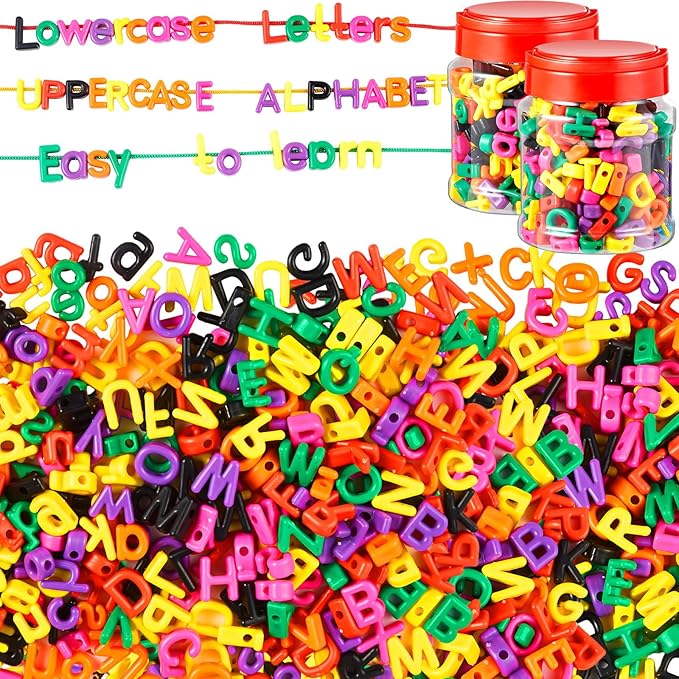 Wesiti Lacing Letters Beads Alphabet Learning Toys Toddler ABC Alphabet Beads Lacing Sports Skills Toys for Preschool Games Homeschool Supplies Early Spelling(Lowercase Uppercase Letters,408 Pcs)