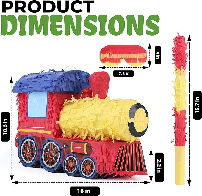 3D Train Pinata Bundle with a Blindfold and Bat (16x10.6x6.7 Inches), Train Pinata for Boys Birthday Party Supplies, Perfect for Birthday Party, Train Theme Party, Decoration