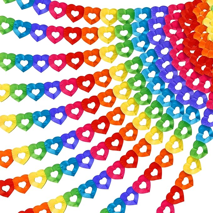 Tlswshsy 10 Pieces Colorful Rainbow Heart Banner - 100 Feet Colorful Rainbow Gay Pride Paper Garland - Heart Shape Hanging Decorations for Birthday Party Wedding Parades Celebration