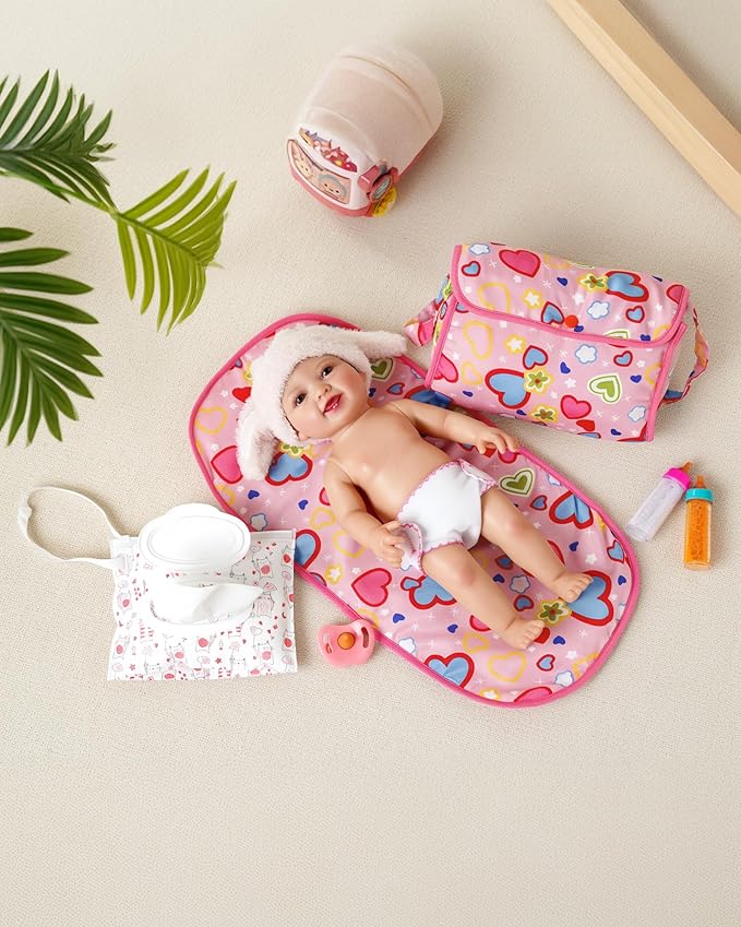 BABESIDE 8 Pcs Baby Diaper Bag Set with Magic Bottles, Baby Doll Accessories Includes Changing Mat, Diaper,Pacifier,Tissue Bag and Bottle with Disappearing Milk for 12-16 inches Dolls