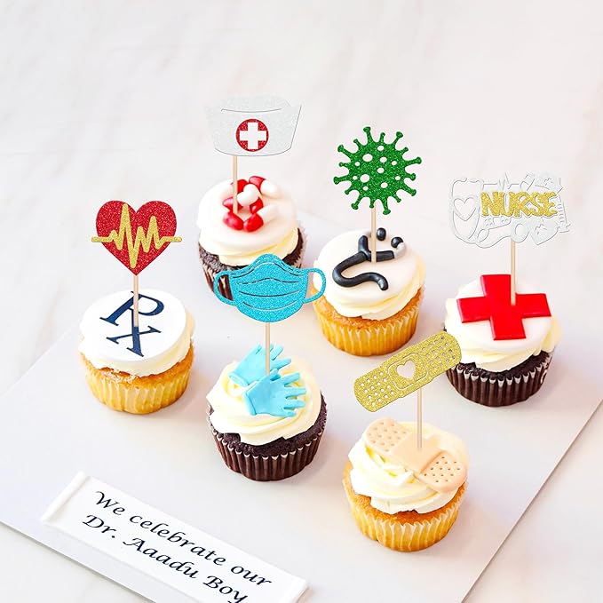 30 PCS Nurse Cupcake Toppers Glitter Nursing School Graduation Cupcake Picks Nurse Graduation Decorations for Medical Rn Nurse Grad Themed Birthday Party Cake Decorations Supplies