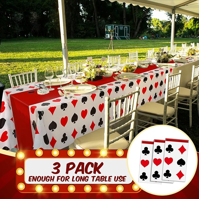 Hosuly 3 Pcs Casino Theme Party Decorations Poker Tablecloth Poker Plastic Disposable Table Cover Casino Theme Tablecloth for Game Birthday Playing Card Party Picnic Supplies, 51 x 108 Inch (Classic)