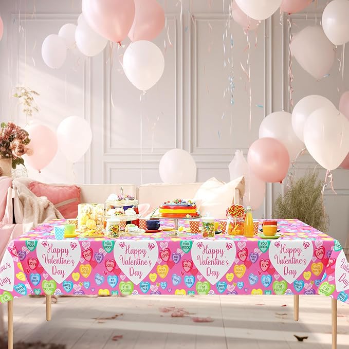3Pcs Valentines Day Tablecloth, 54 x 108 Inch Conversation Hearts Plastic Table Cover, Pink Heart Tablecloth for Wedding Anniversary, Valentines Day Decorations