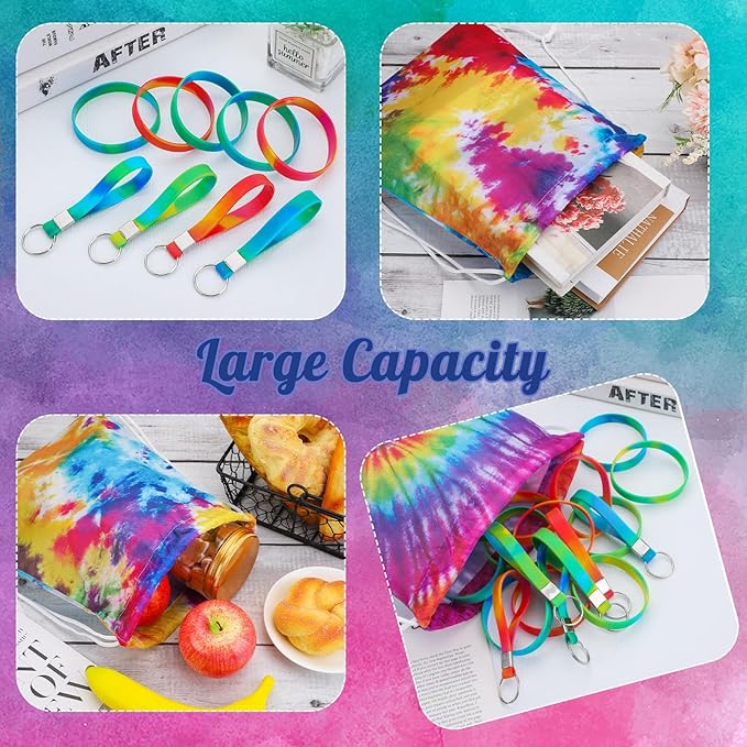 CHENGU 36 Pcs Tie Dye Party Favors Camouflage Drawstring Bag Bulk Camouflage Military Rubber Keychain Silicone Bracelet for Goodie Bag Stuffers Fillers Summer Camping Birthday Party Supplies(Tie Dye)