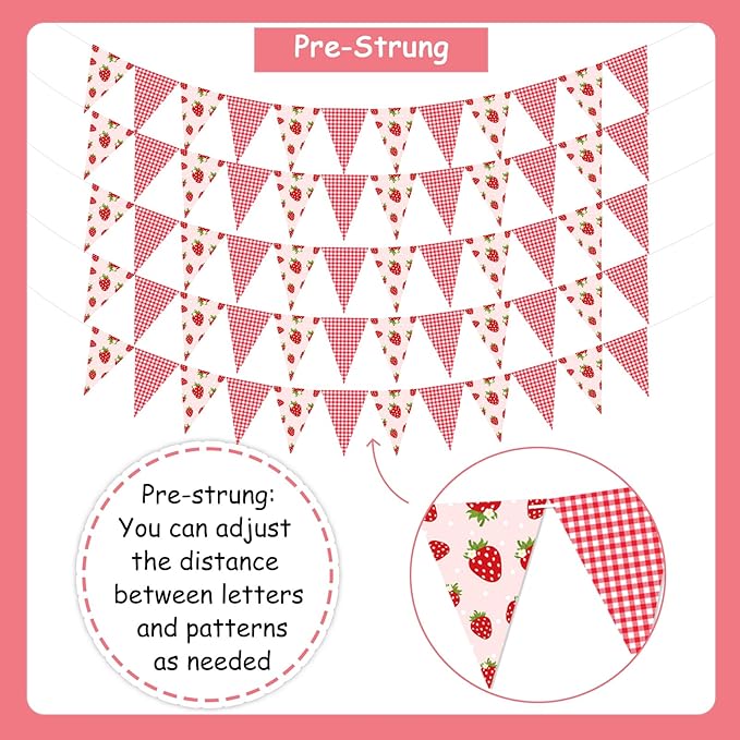 JOYMEMO 5 Pieces Strawberry Pennant Banners - Pre-Strung Strawberry Single Sided Paper Triangle Flag, Strawberry Party Decorations for Girls, Berry Themed Birthday Party Baby Shower Supplies