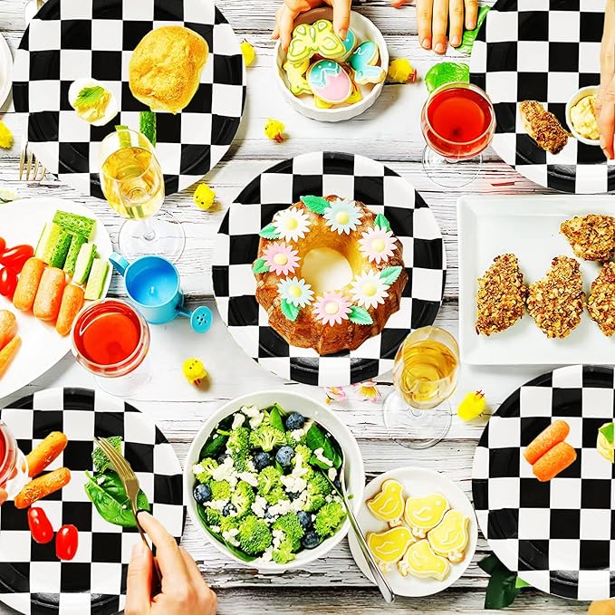 60Pcs Race Car Black and White Checkered Party Supplies - Racing Tableware Set with 7" Plates, Checkered Flag Napkins, Forks for Race Car Themed Birthday Party Decorations (Serves 20)