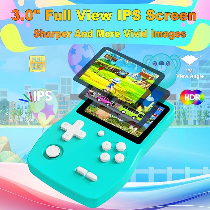 32 Bit Handheld Game for Kids Preloaded 139 Retro Video Games, 3.0'' IPS Screen and Rechargeable Battery Portable Gaming System, Mini Travel Electronic Toy Gifts for Boys Girls (Cyan)